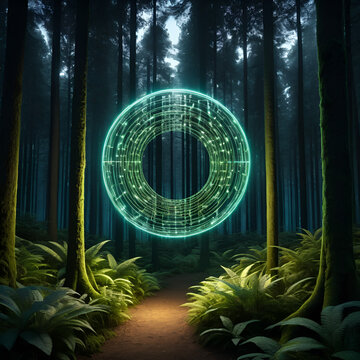 text="Explore Wilder" with a futuristic, neomorphed, glowing forest as the background, incorporating subtle, intricate patterns of interconnected circuitry and ethereal, pulsing lights that emanate fr