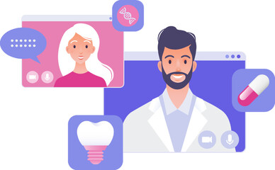 Teledentistry visual concept vector illustration. Patient consulting dentist using online technology through video call app.