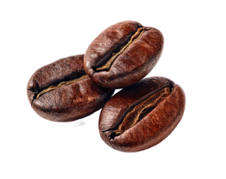Close-up of three dark roasted coffee beans