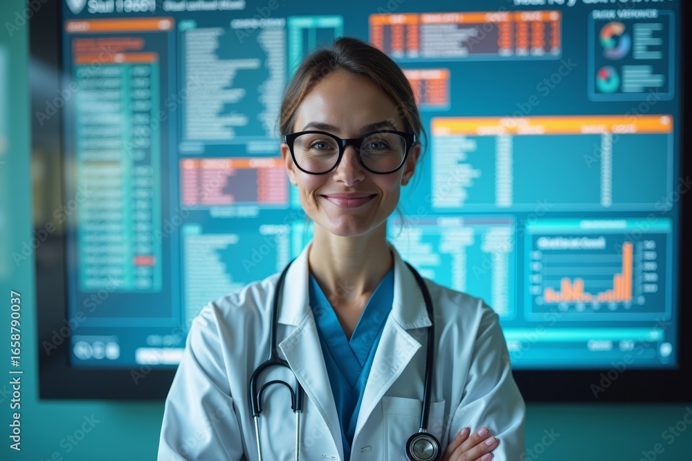 Poster medical coder in a high-tech hospital: doctor cosplayer with colorful billing spreadsheets
