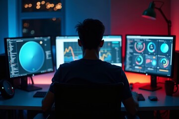 Graphic designer burning the midnight oil in office, bathed in digital screen glow