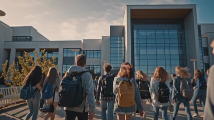 Group of students with backpacks walking toward a modern school building under a clear sky. - Powered by Adobe