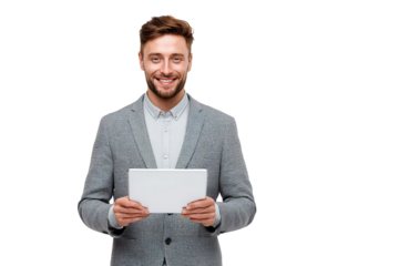 A smiling man in a blazer holding a tablet against a black background looking at the camera directly on transparent background