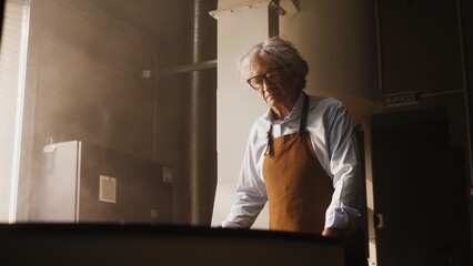 Serious Caucasian man wearing apron while standing near roasting machine in bright industrial room....
