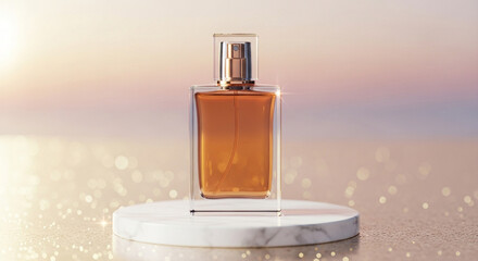 3D rendering of a luxury perfume bottle placed on a podium with a blurred gold-pink natural background, elegant lighting, photorealistic, minimalistic composition, no text, perfect for perfume product
