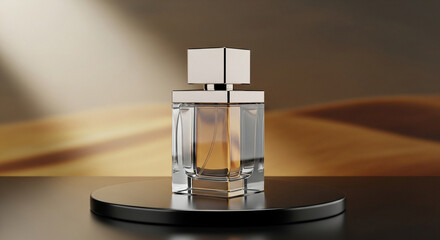 3D rendering of a luxury perfume bottle placed on a podium with a blurred gold natural background, elegant lighting, photorealistic, minimalistic composition, no text, perfect for perfume product