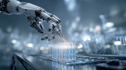 Futuristic robotic arm conducting laboratory experiments with test tubes