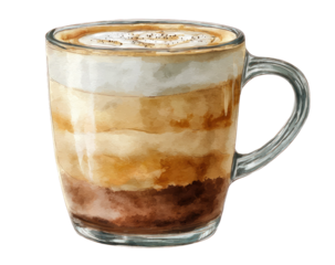 Watercolor illustration of a layered coffee drink in a clear glass mug. Creamy, light tan foam tops the drink, with subtle, layered shades of brown coffee beneath, and a hint of chocolate