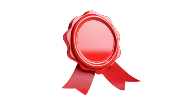 A shiny red seal with ribbons against a black background in a rendered image style design look on transparent background