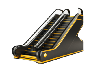 Two escalators side by side with yellow accents and black background in a studio shot isolated view on transparent background