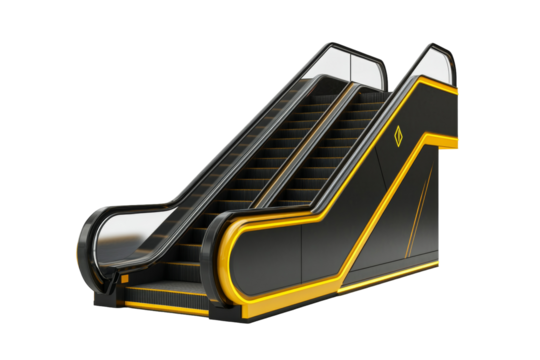 A low angle view of a modern escalator with black and gold accents against a black background on transparent background