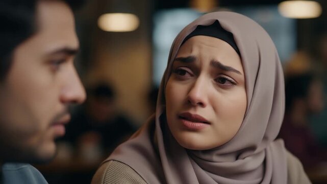 A young woman in a hijab with a sorrowful expression, with tears in her eyes, sitting in a coffee shop with a man, representing a moment of sadness or loss.

