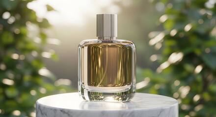 3D rendering of a luxury perfume bottle placed on a podium with a blurred natural background, elegant lighting, photorealistic, minimalistic composition, no text, perfect for perfume product