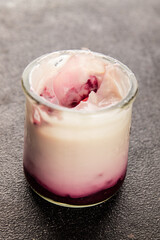 Yogurt or Skir with berries fresh sour natural product tasty snack fresh delicious gourmet food background on the table rustic food top view copy space