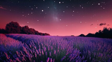 Fototapeta premium Lavender field under moonlight with twinkling stars and glowing purple flowers, peaceful dreamy scene.