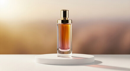 3D rendering of a luxury perfume bottle placed on a podium with a blurred gold-pink natural background, elegant lighting, photorealistic, minimalistic composition, no text, perfect for perfume product