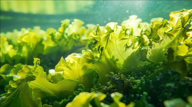 Lush underwater habitat of green aquatic plants and life-supporting organisms.
