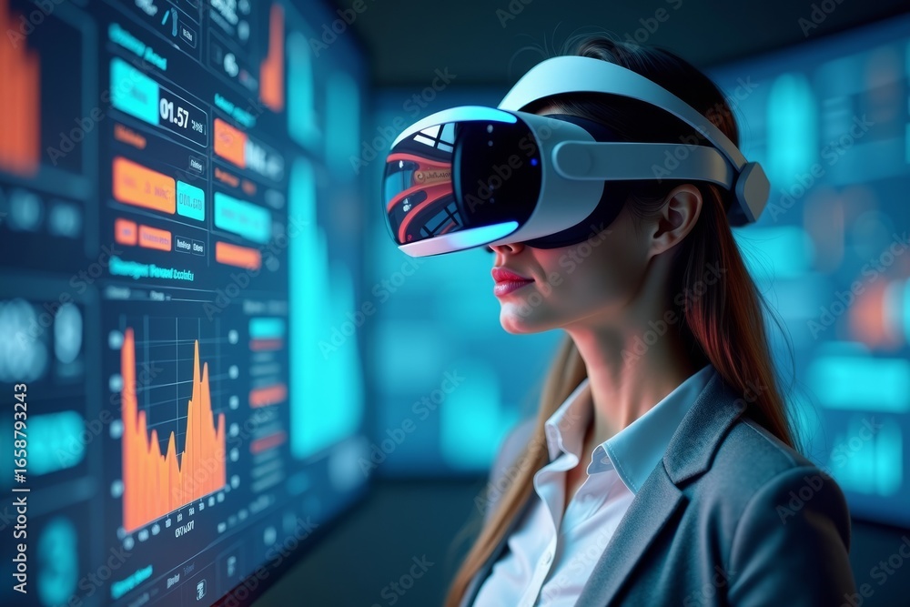 Poster business analyst woman utilizing virtual reality headset for data analysis and 3d visualization.
