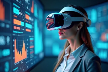 Business Analyst Woman Utilizing Virtual Reality Headset for Data Analysis and 3D Visualization.