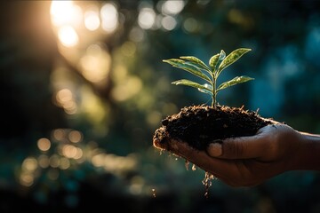 Hand holding soil with a young plant with a sunlit bokeh background for an ecology concept.