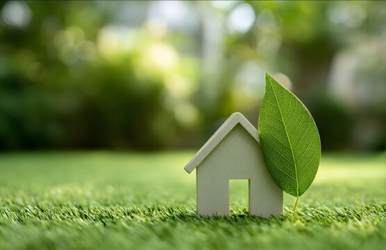 Green house model with a leaf on grass on a sunny day for an ecofriendly home concept energy sharing and a zerowaste environmentally sustainable lifestyle back.