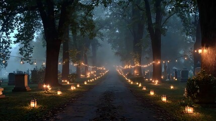 Atmospheric cemetery alley lined with glowing lanterns and string lights among tall trees in the evening mist. A symbolic scene of remembrance, spirituality and honoring the deceased, often associated
