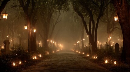 Atmospheric cemetery alley lined with glowing lanterns and string lights among tall trees in the evening mist. A symbolic scene of remembrance, spirituality and honoring the deceased, often associated