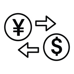 Currency exchange icon, showing dollar and yen symbols with arrows, representing global finance and trade