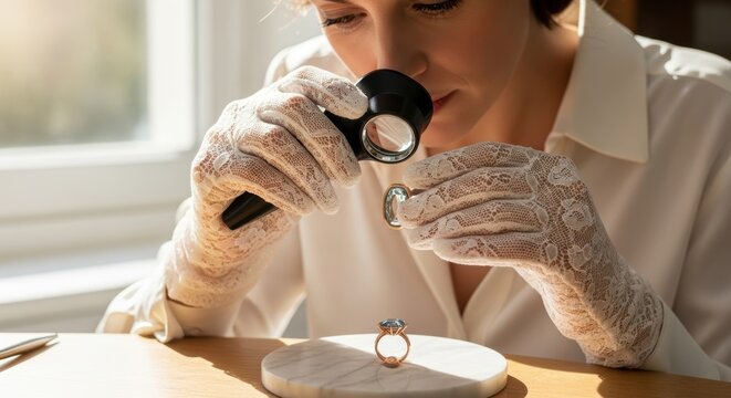 Female jeweler examining diamond ring with loupe in sunlit workshop