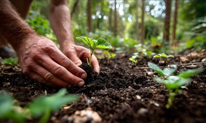 A closeup of hands planting strawberry seedling in the soil symbolizing nurturing and growth The focus is on one seed being planted with dark brown rich dirt .