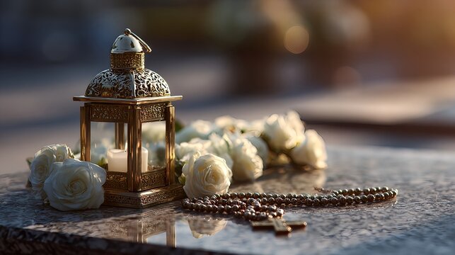 Symbolic illustration of a golden lantern with a burning candle placed on a grave, surrounded by white roses and a rosary. A spiritual All Saints Day themed composition representing faith, remembrance