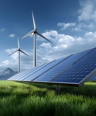 A photorealistic rendering of solar panels and wind turbines in an open field with blue skies above and green grass underfoot The scene captures the energy la.