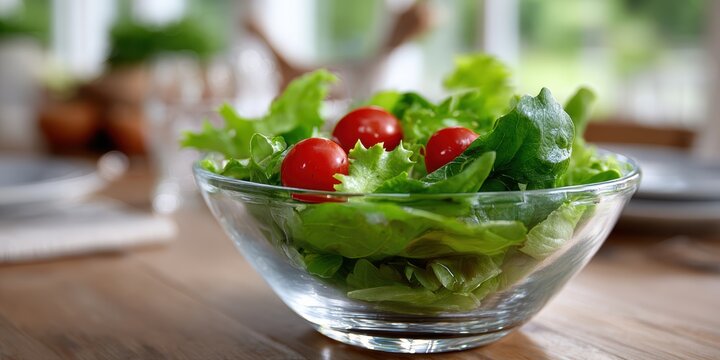 food photography, sharp focus on leafy green salad and cherry tomatoes in glass bowl, with blurred dining table and silhouettes of people in background