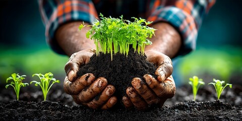 A farmer examining rich black soil with cover crops growing around hands dirty focus on soil health and biodiversity.