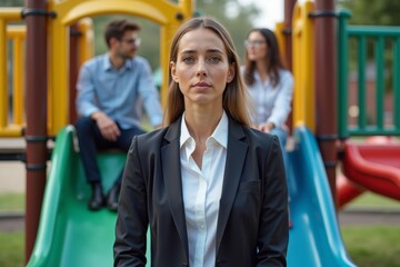 Sad Businesswoman Stands Out Among Colleagues on Playground