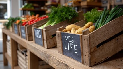 eco-friendly grocery store, a green grocer with a world vegetarian day display, featuring organic veggies in wooden crates, and glossy veg life signs