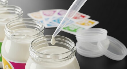 Pipette dropping culture into yogurt jars with colorful labels on black background