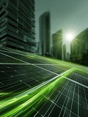 Closeup of a solar panel installed on a rooftop of a modern building on a bright day Sleek vibrant green energy lines 99cc33 flow smoothly across the solar pa.
