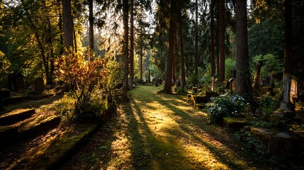 Obraz premium Atmospheric illustration of an old forest cemetery with moss-covered graves and tombstones illuminated by warm sunlight. A symbolic All Saints Day themed composition representing remembrance, spiritua