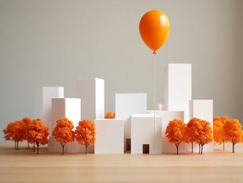 Orange balloon floats above white building models and trees