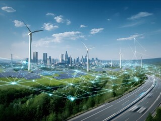 A modern city skyline with wind turbines and solar panels in the background surrounded by green fields and a highway under a blue sky In front of it is an ill.