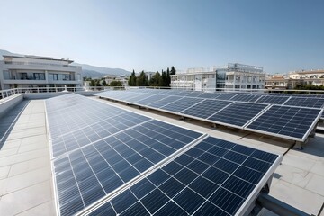 solar panels on a rooftop sunny day clear sky CLEAN ENERGY CONCEPT NO PEOPLE.