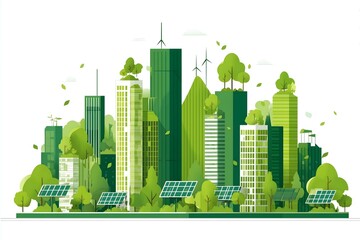 A vibrant green city skyline with leafy skyscrapers and solarpanel rooftops minimal flat shapes vector illustration solid colors clean bold line art ecofuturi.