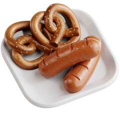 Bratwurst with Pretzels on White Plate