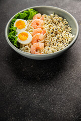 Noodles  shrimp and vegetables tasty seafood snack fresh delicious gourmet food background on the table rustic food top view copy space vegetarian food