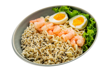 Noodles  shrimp and vegetables tasty seafood snack fresh delicious gourmet food background on the table rustic food top view copy space vegetarian food