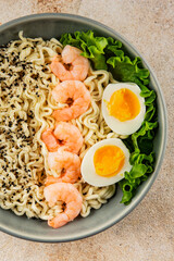 Noodles  shrimp and vegetables tasty seafood snack fresh delicious gourmet food background on the table rustic food top view copy space vegetarian food