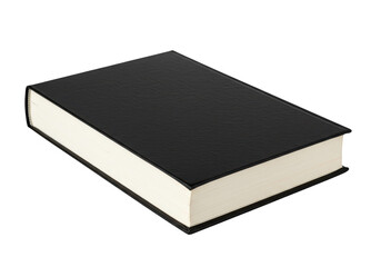 A closed hardcover book with a dark cover and light pages resting on a flat surface in dim lighting on transparent background