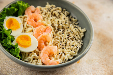 Noodles  shrimp and vegetables tasty seafood snack fresh delicious gourmet food background on the table rustic food top view copy space vegetarian food