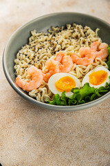 Noodles  shrimp and vegetables tasty seafood snack fresh delicious gourmet food background on the table rustic food top view copy space vegetarian food